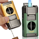 LUBINSKI 2 Fire Torch Lighter Cigar V Cutter Punch Metal Butane Gas Cigar Lighters With Needles Dredge Cigar
