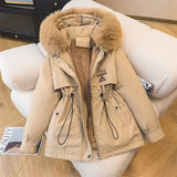 Hooded Coat Women Fur Collar Drawstring Jacket Tight Waist Casual Thick Zipper Warm Jacket Lady Parkas Tops Autumn Winter