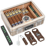 Humidor Cigar Box,with Cutter Guillotine,V cut,Punch & Stand ,Glass top Cigars Case,Cedar Wood Lining, Humidifier Hygrometer