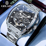 GELATU Luxury Mens Watch Original Skeleton Automatic Mechanical Watch﻿ 50M Waterproof Stainless Steel Watches For Men Gift 6016