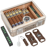 Humidor Cigar Box,with Cutter Guillotine,V cut,Punch & Stand ,Glass top Cigars Case,Cedar Wood Lining, Humidifier Hygrometer