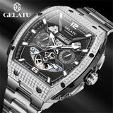 GELATU Luxury Mens Watch Original Skeleton Automatic Mechanical Watch﻿ 50M Waterproof Stainless Steel Watches For Men Gift 6016