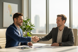 dos amigos cerrando un trato contentos y estrechándose las manos 