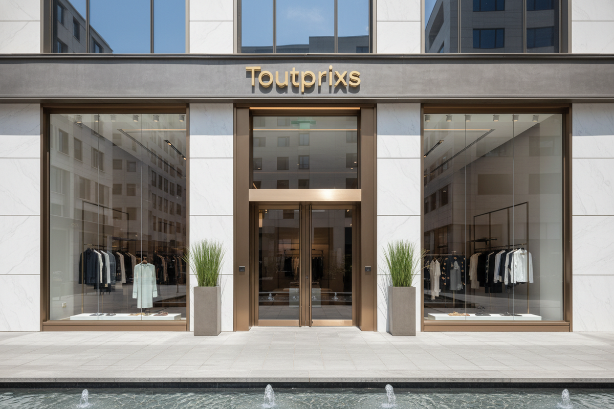 Entrada de una tienda elegante con el nombre en la entrada Toutprixs