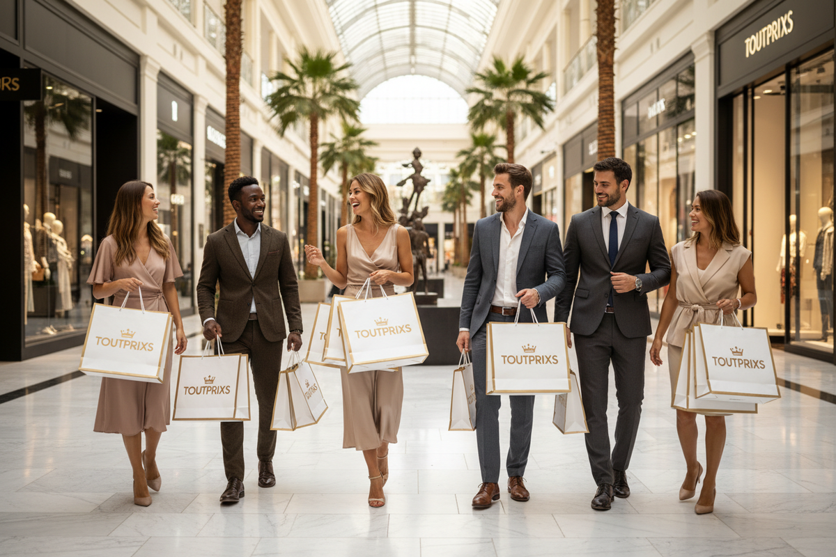 foto de grupo de gente contenta y elegante con bolsas con logo toutprixs